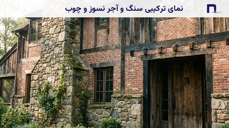 نمای ترکیبی سنگ و آجر نسوز و چوب