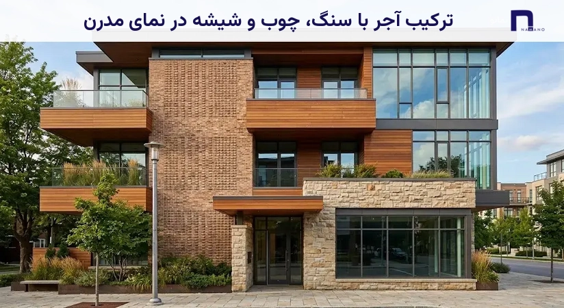 ترکیب آجر با سنگ، چوب و شیشه در نمای مدرن